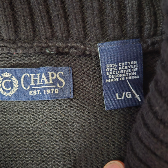 Chaps Black White Fair Isle Cowl Neck Button Up Cardigan Sweater Size Large - Picture 6 of 9